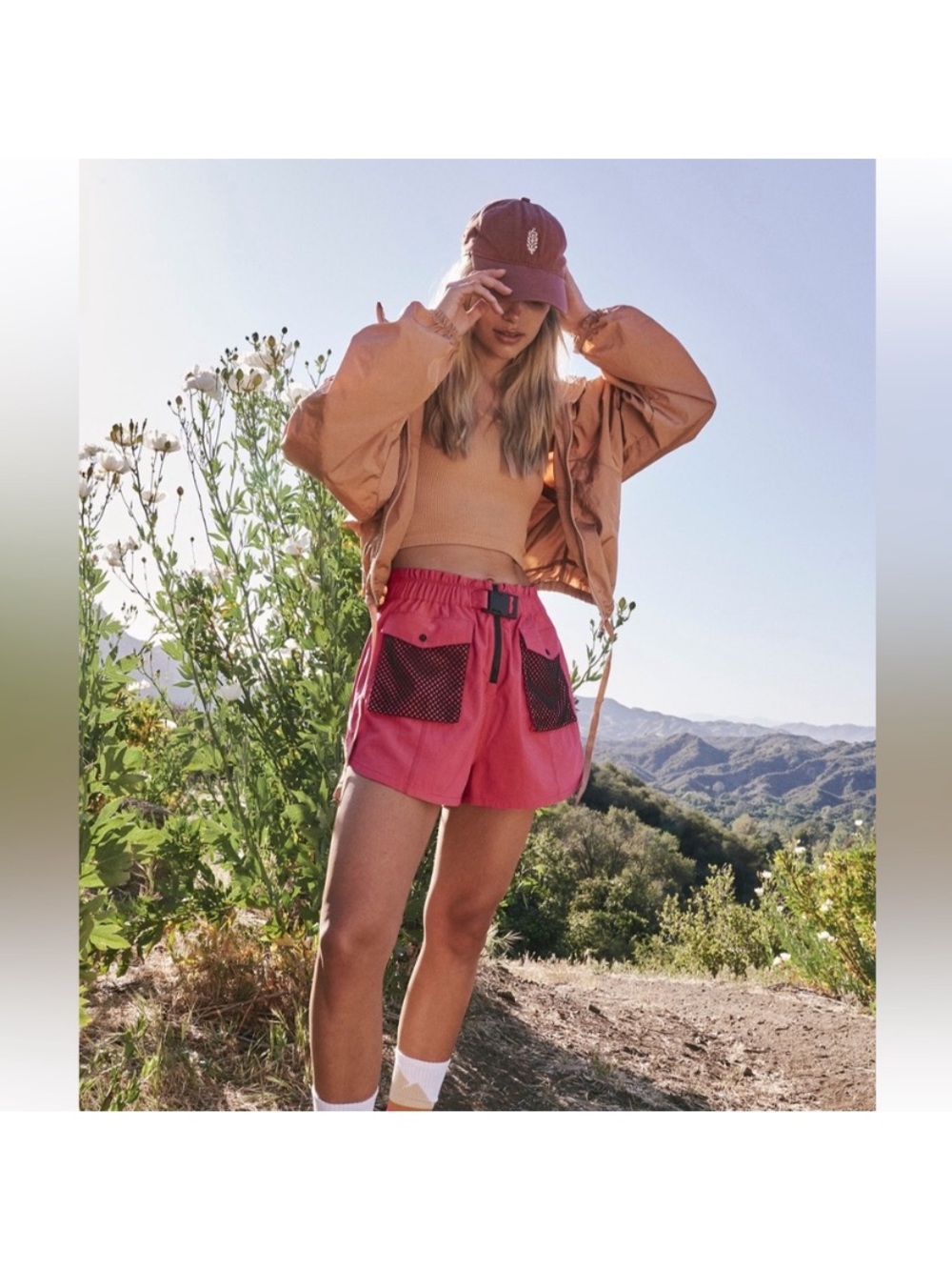 Free People Movement Adventure High-Waist Pink Utility Shorts with Mesh Pockets